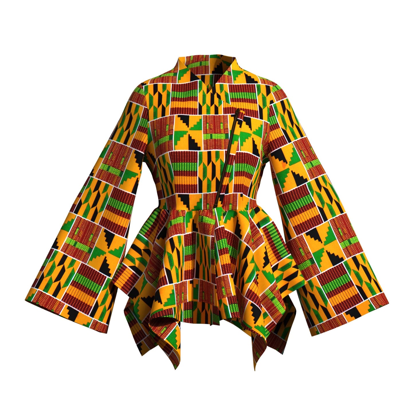Kente Print Asymmetric Peplum Top with Bell Sleeves