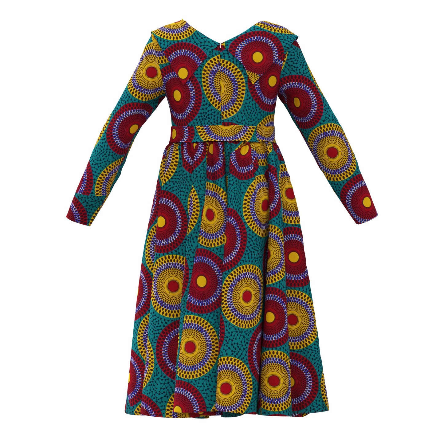 V-Neck Long Sleeve African Print Midi Dress with Tie Waist Belt