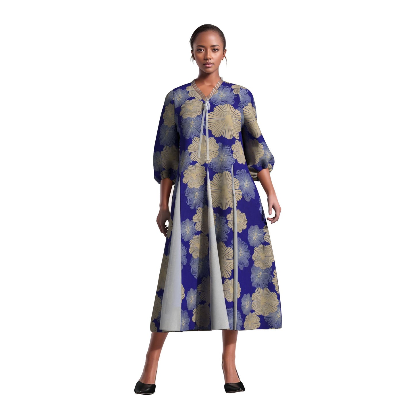 Women Bold Tribal Floral Print V Neck Puff Midi Dress Sheer Panel Split Layer Church Party Outfit