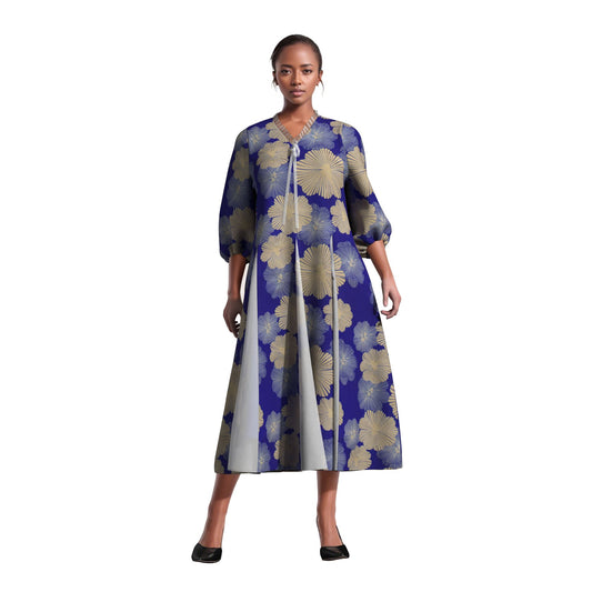 Women Bold Tribal Floral Print V Neck Puff Midi Dress Sheer Panel Split Layer Church Party Outfit