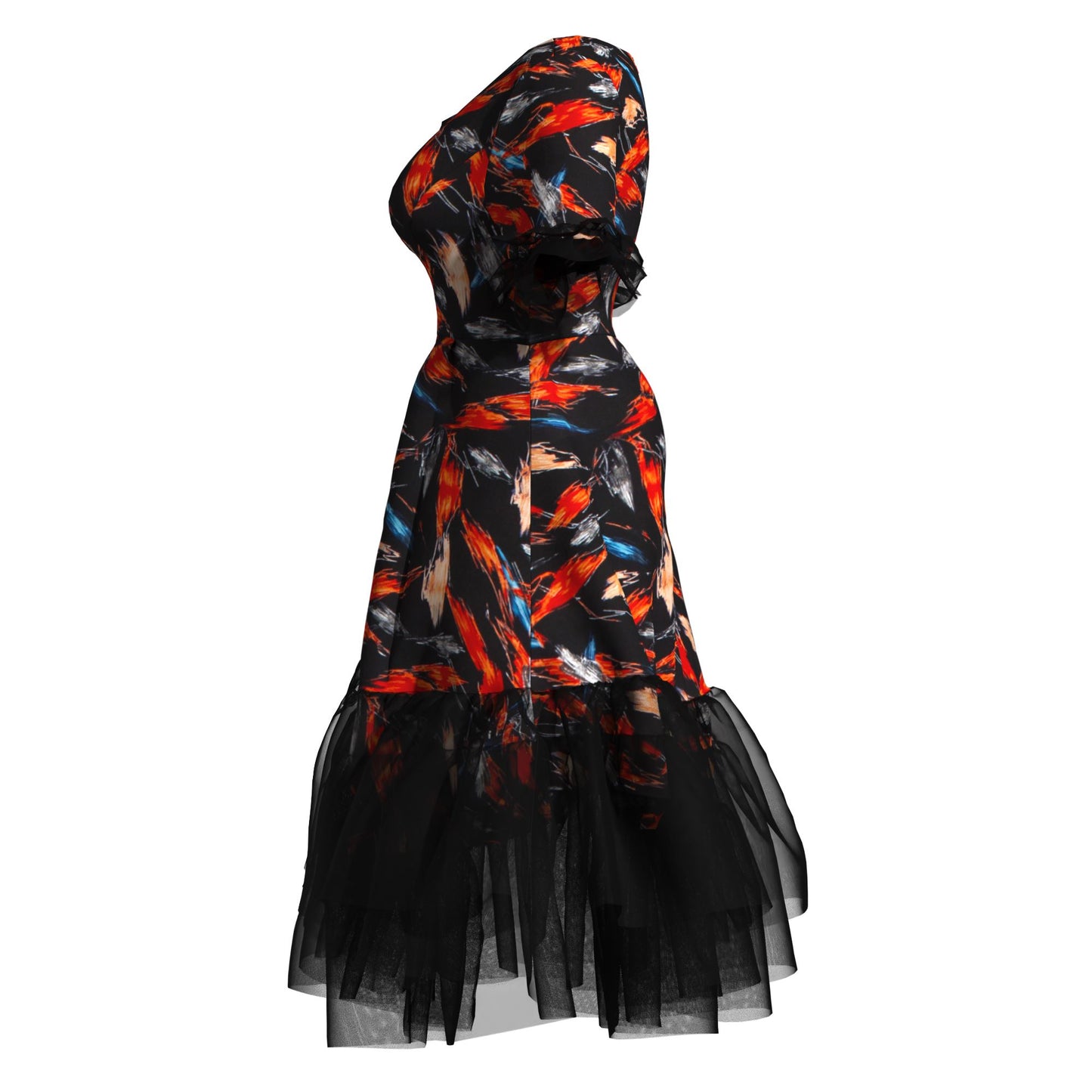 Kente Print Tiered Tulle Midi Dress – Short Sleeve Ankara Dress with Sheer Trim