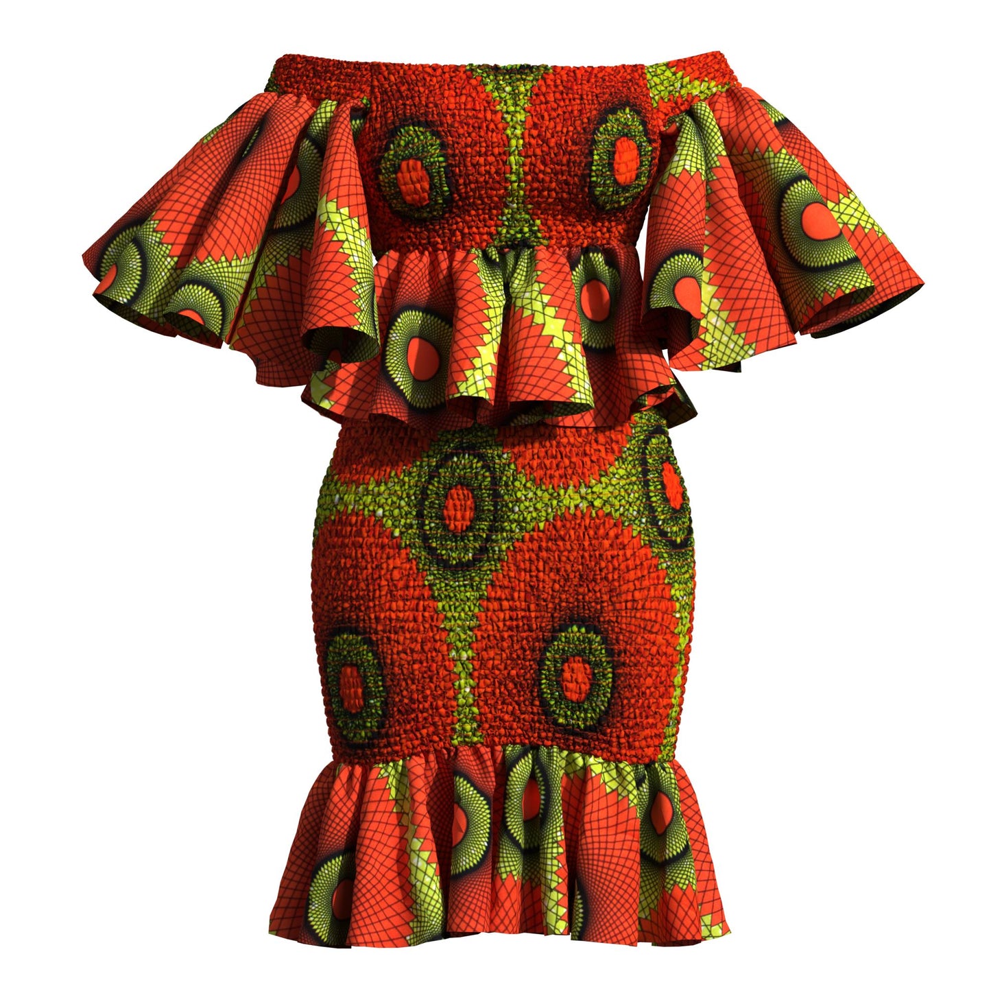 Smocked African Print Two-Piece Outfit with Flounce Sleeves