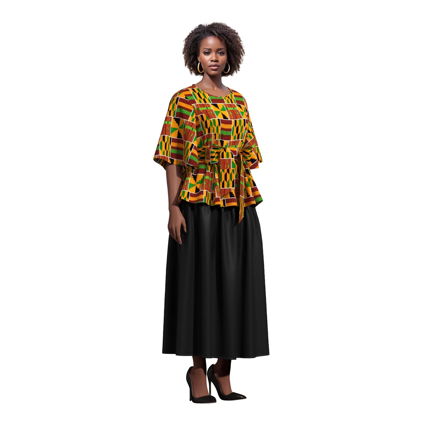 African Print Flare Sleeve Peplum Blouse with Waist Sash