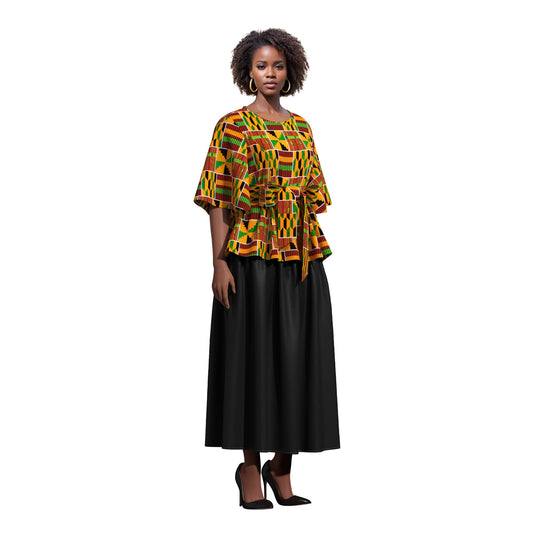African Print Flare Sleeve Peplum Blouse with Waist Sash