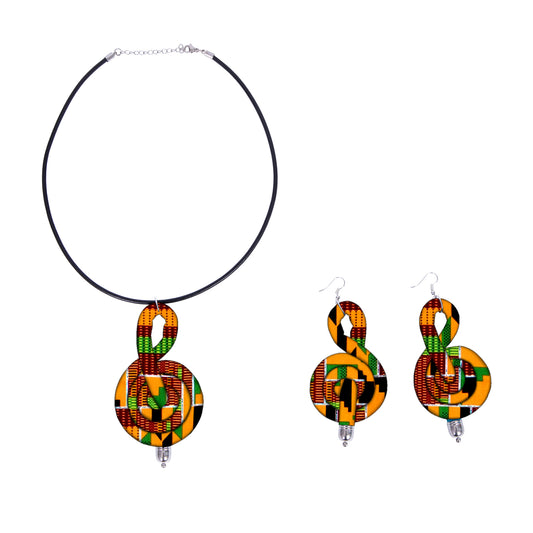 Ladies Kente Geometric Fabric Treble Clef Jewelry Set African Coordinated Neck & Ear Outfit Accessories