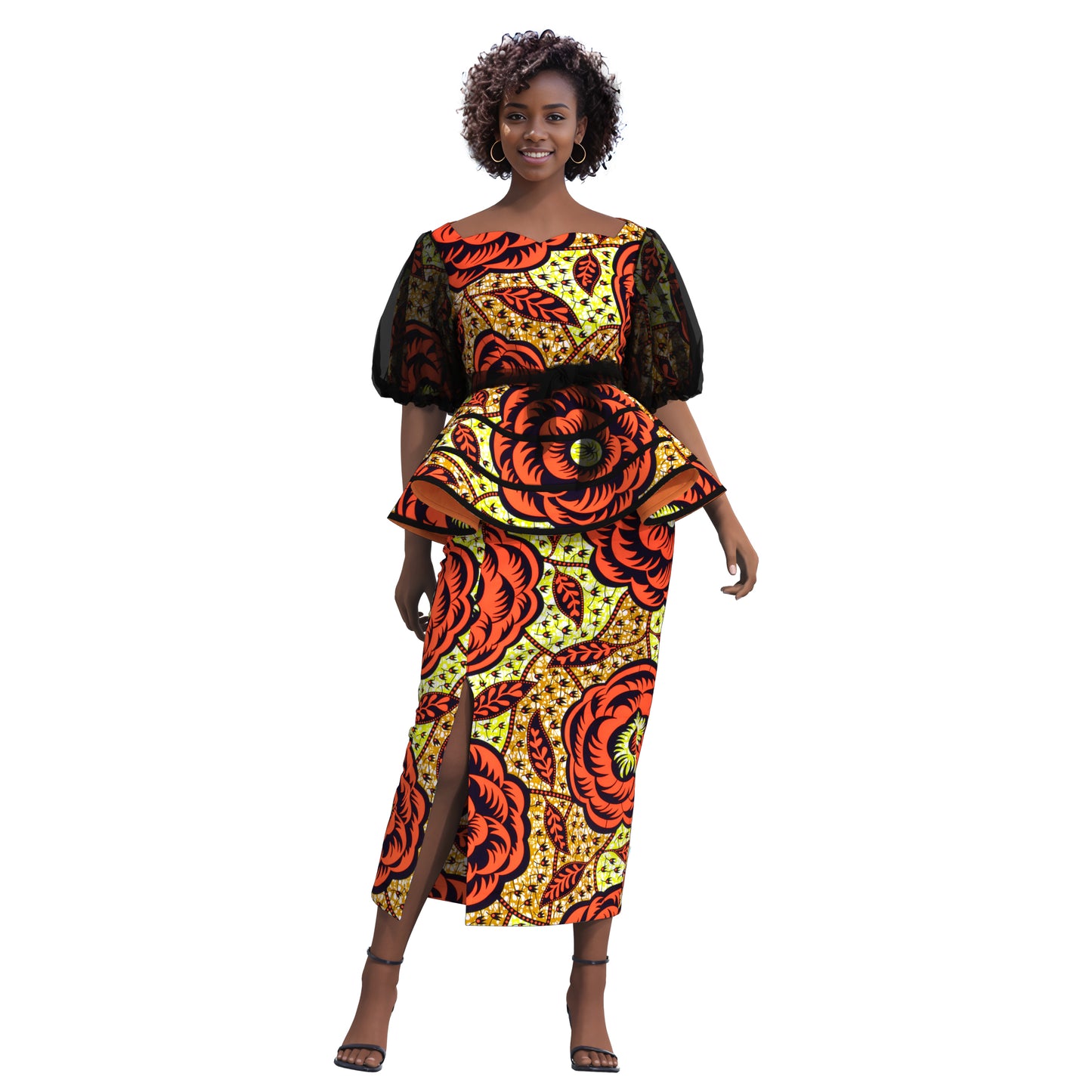 African Print Organza Sleeve Peplum Top & Midi Skirt Set