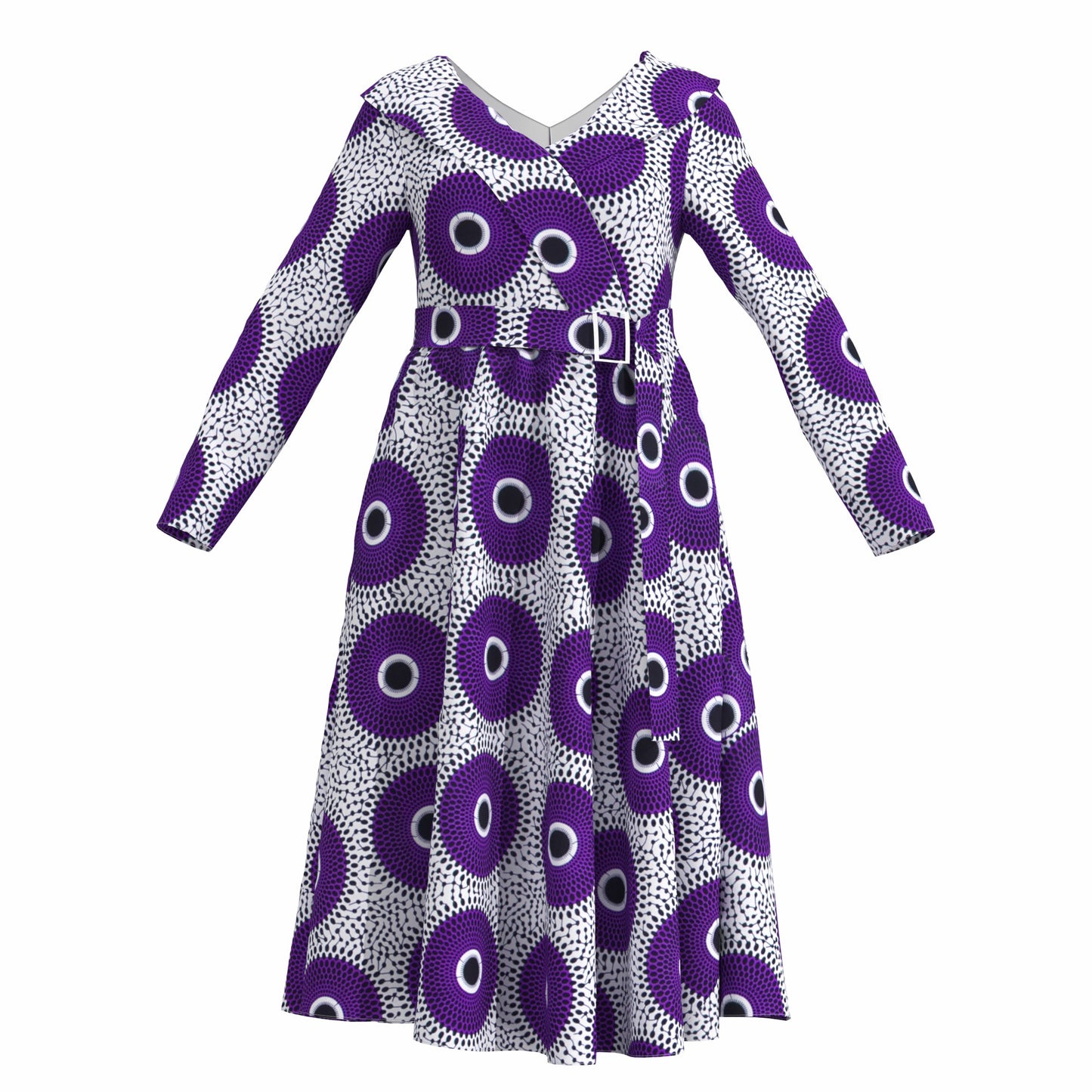 V-Neck Long Sleeve African Print Midi Dress with Tie Waist Belt