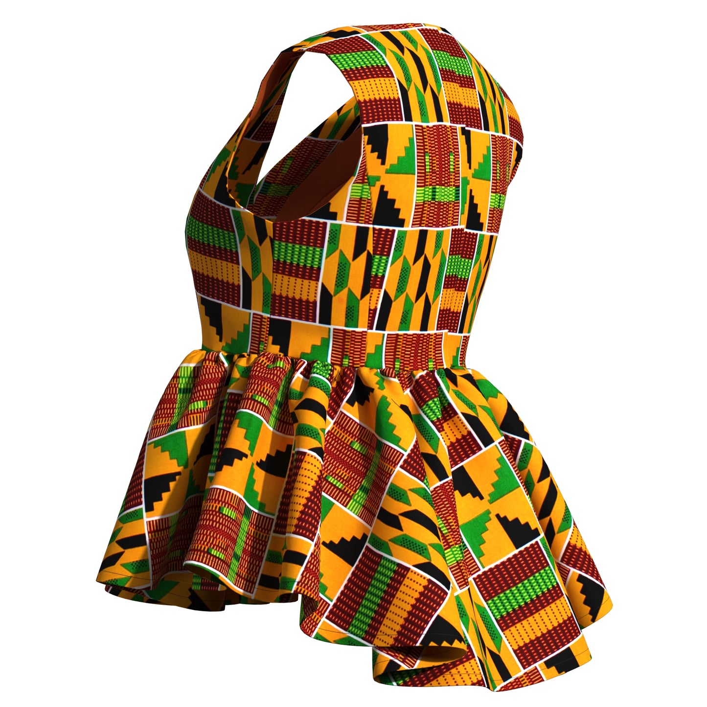 Handmade African Wax Print Sleeveless Peplum Blouse with Ruffle Detail