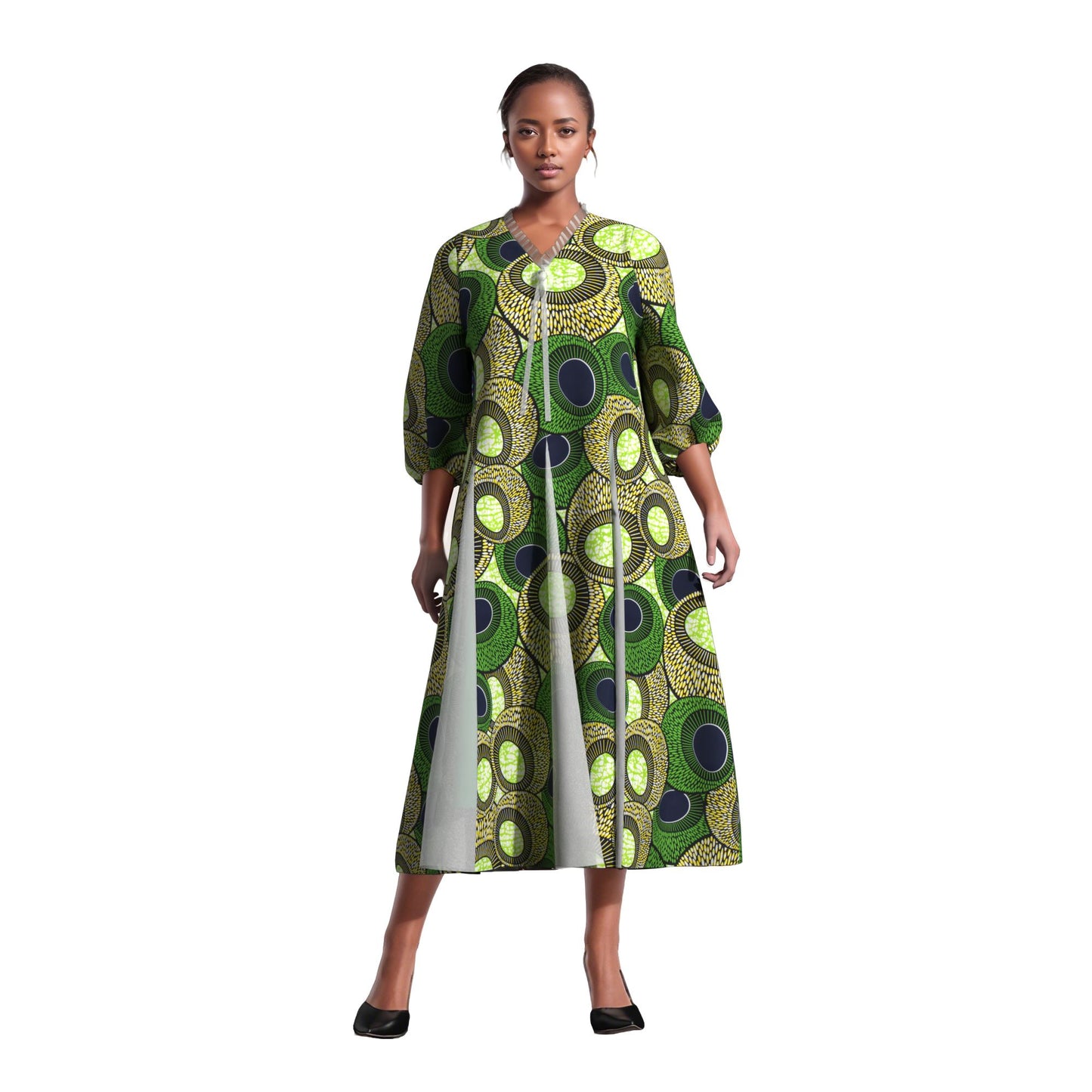 Women Bold Tribal Floral Print V Neck Puff Midi Dress Sheer Panel Split Layer Church Party Outfit