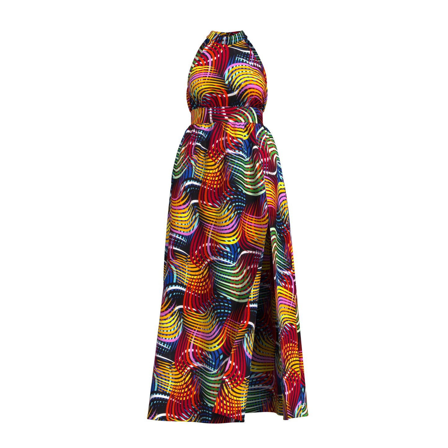 Ladies African Fabric Halter Maxi Dress With Back Bow & Side Split