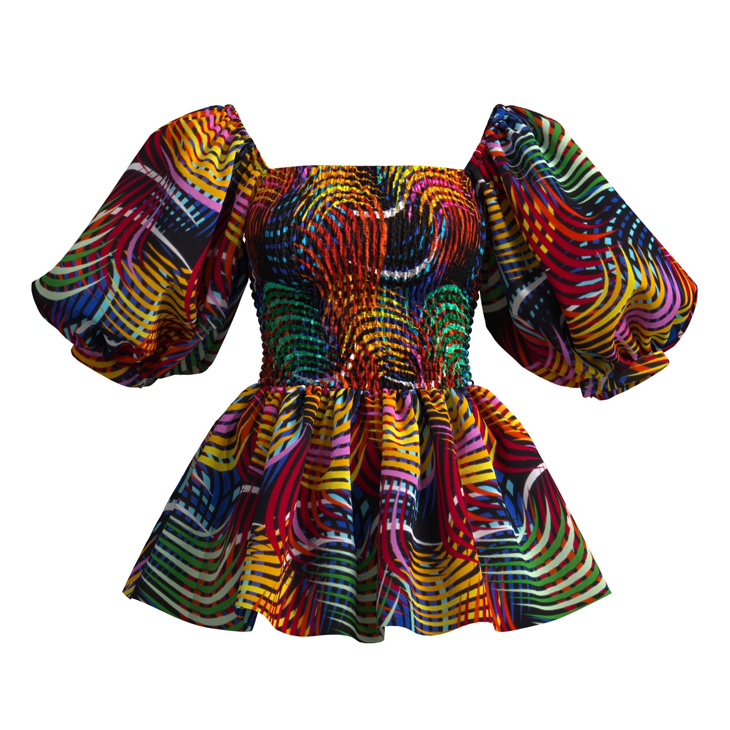 Tropical Wave African Print Puff Sleeve Peplum Blouse – Bold Colorful Ankara Top