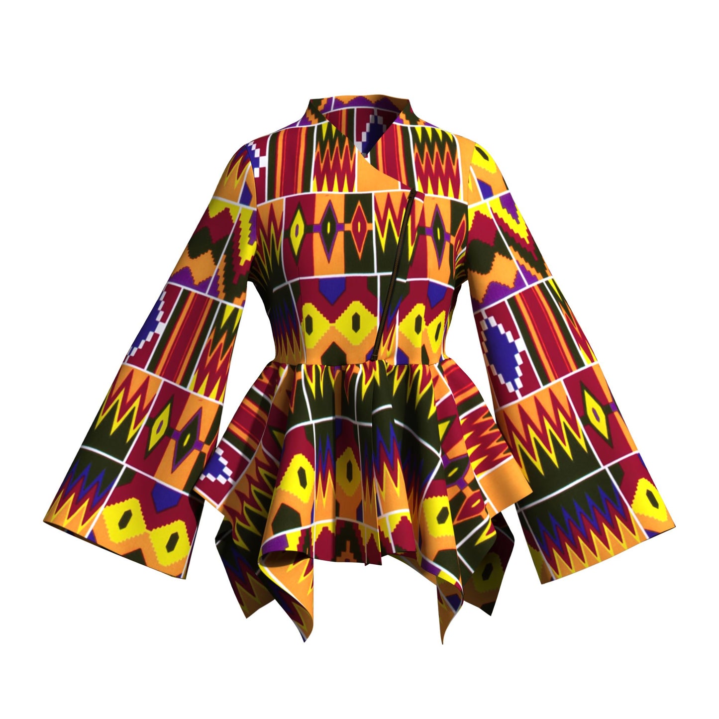 Kente Print Asymmetric Peplum Top with Bell Sleeves
