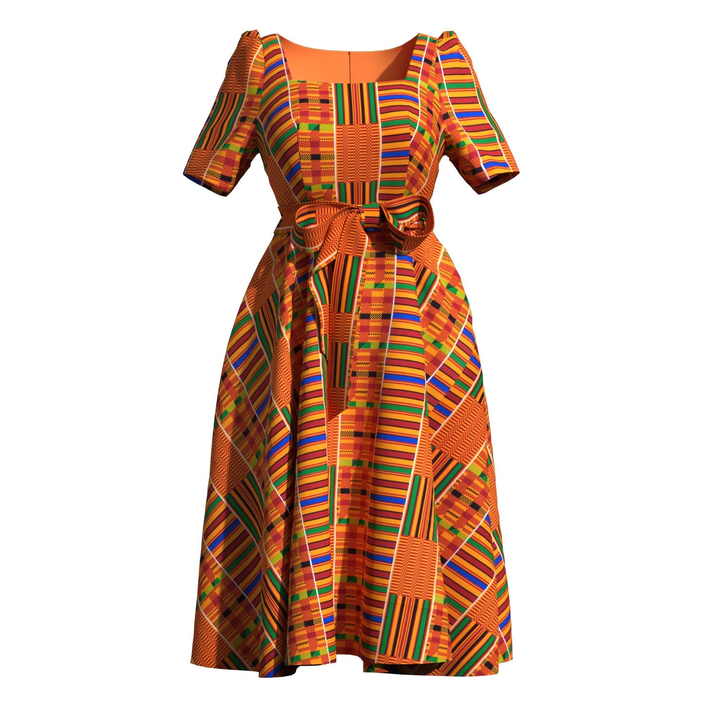 Women's African Print Midi Dress Short Sleeve & Belted Waist A-Line Ankara Fashion Dress