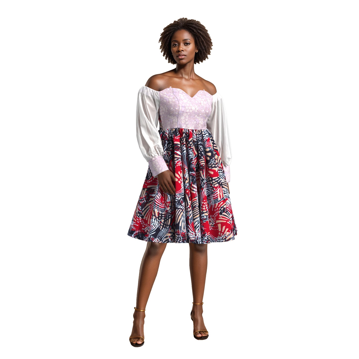African Print Sequin Off Shoulder Mesh Sleeve A-Line Dress