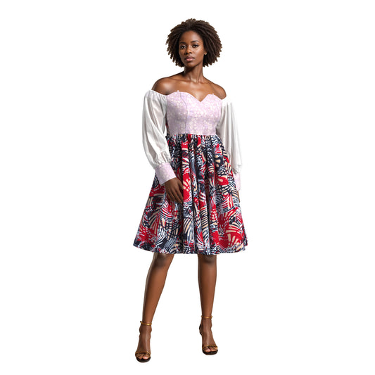 African Print Sequin Off Shoulder Mesh Sleeve A-Line Dress