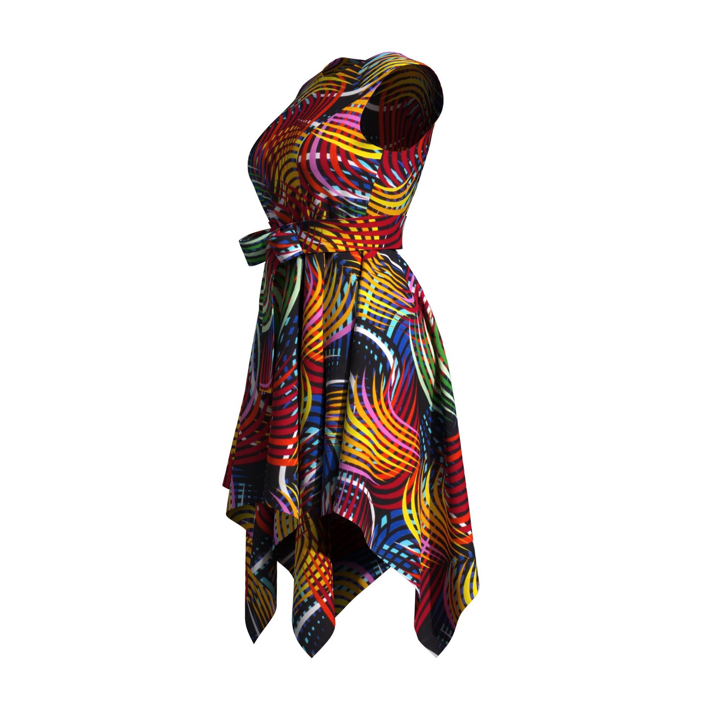 Sleeveless African Print Fit-and-Flare Dress with Asymmetrical Hem