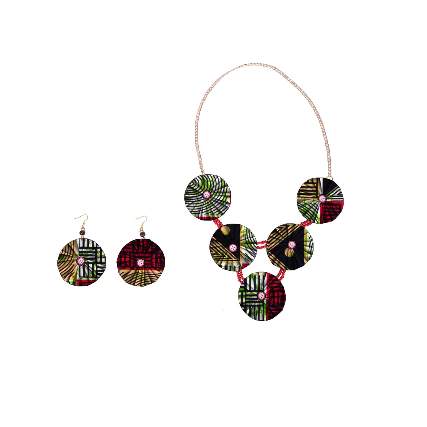 African Women Ankara Fabric Button Statement Necklace & Earring Set Accessories