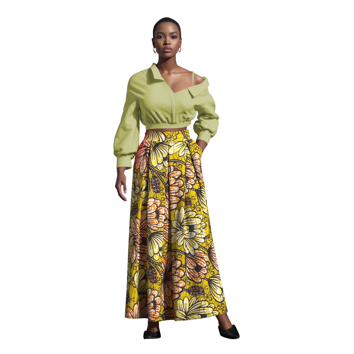 Women's African Print Maxi Skirt High Waist Pleated A-Line Skirt KG1213