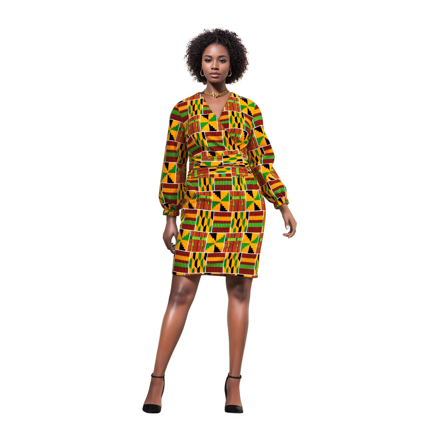 African Print Wrap Tie Top & Bodycon Mini Skirt Two Piece Outfit