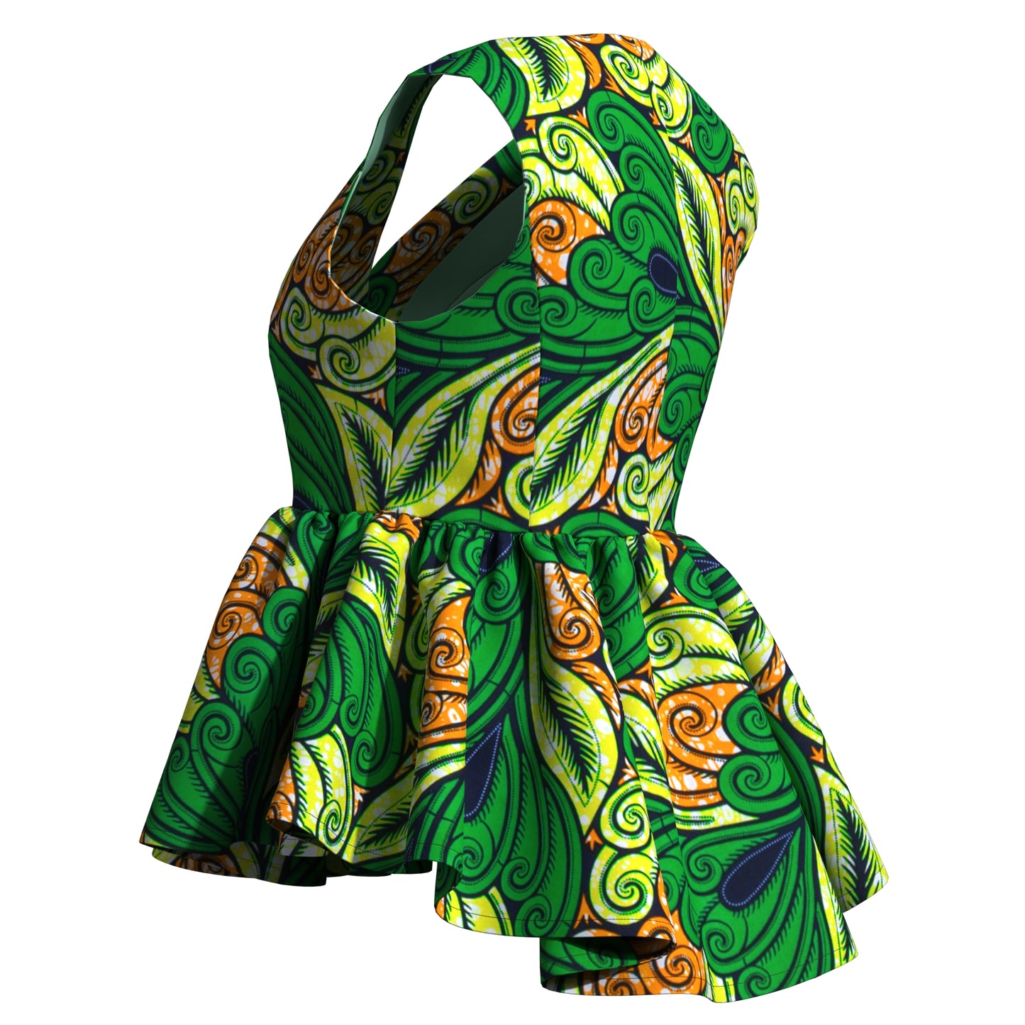 Handmade African Wax Print Sleeveless Peplum Blouse with Ruffle Detail