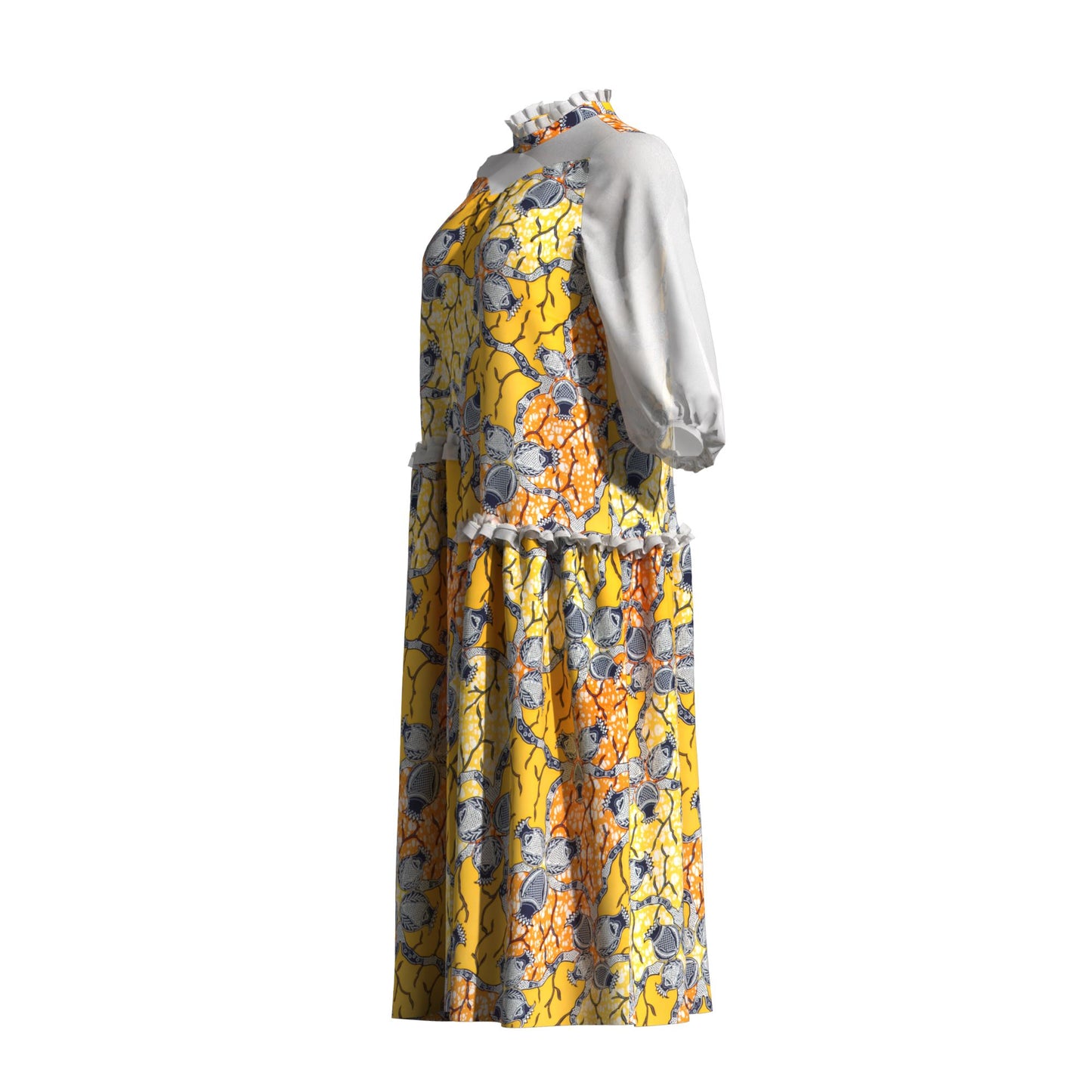 African Fabric Sheer Mesh Ruffle Collar Tiered Swing Midi Dress