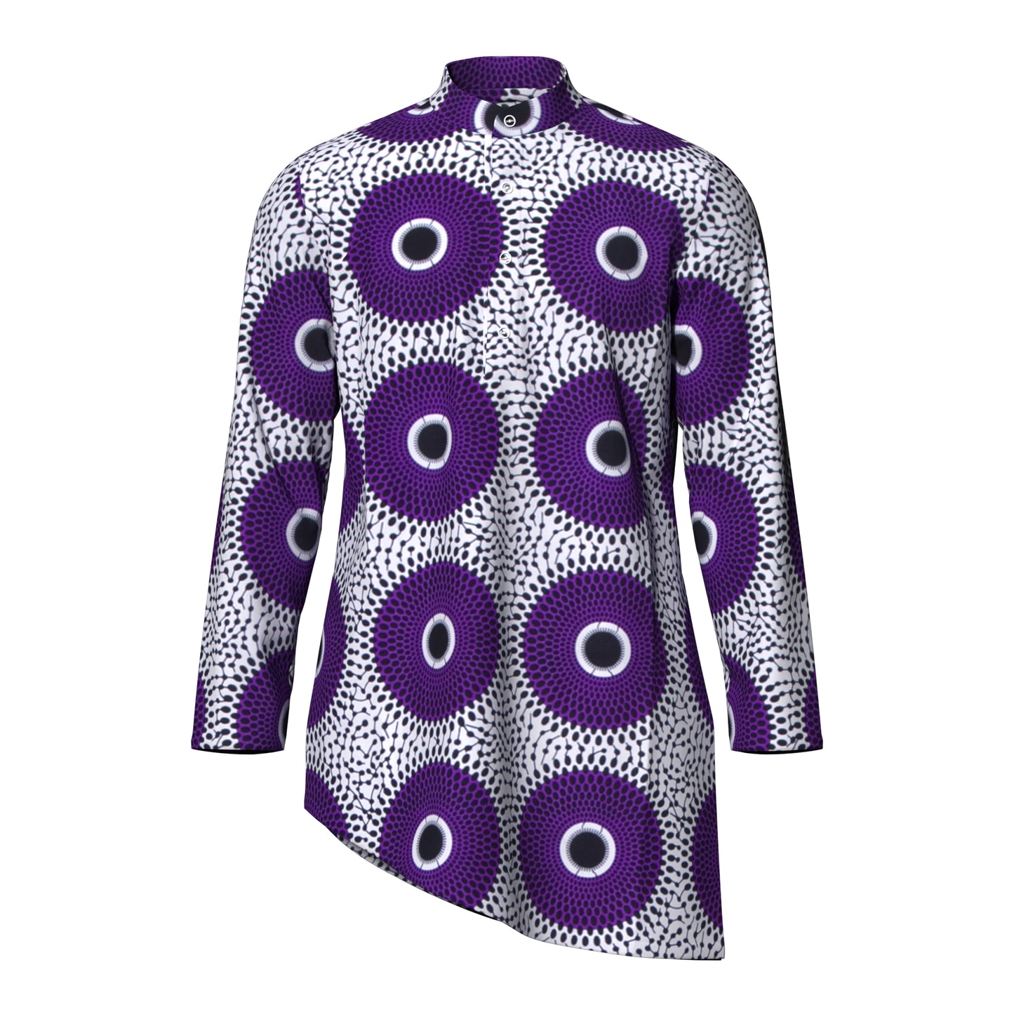 Ankara Print Men’s Mandarin Collar Asymmetric Hem Shirt