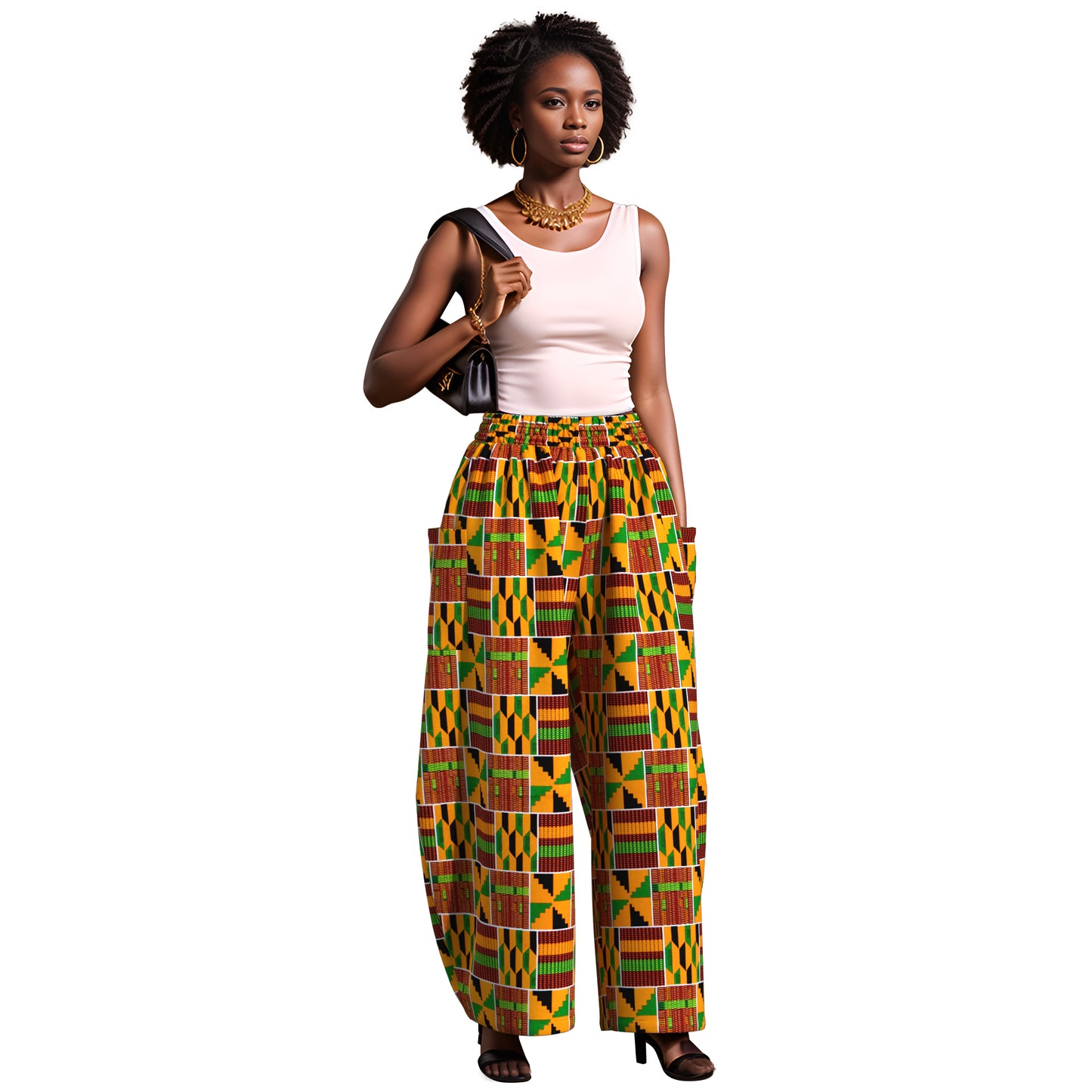 Artistic Abstract Circle Print High-Waist Balloon Pants – Vibrant Afrocentric Wide-Leg Trousers with Pockets