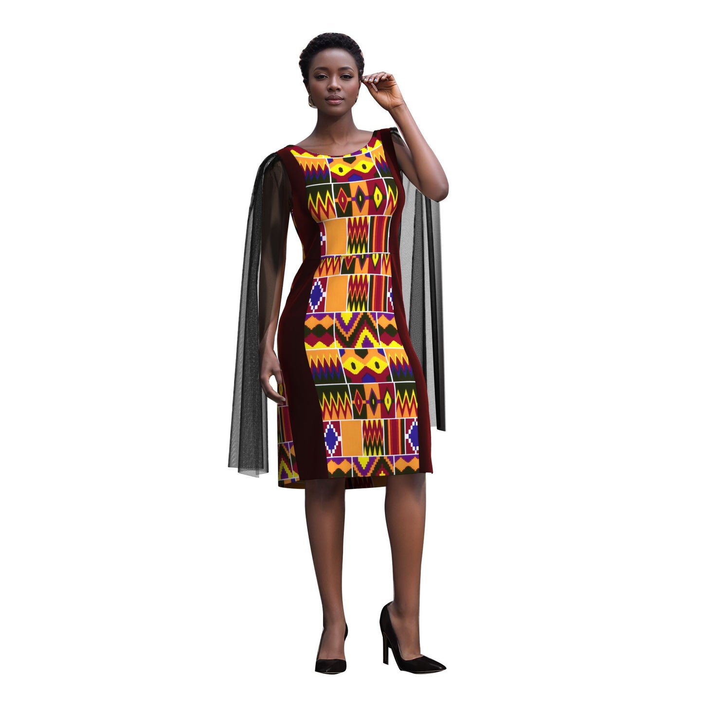 Traditional West African Print Sheath Dress – Sheer Cape Sleeve with Velvet Side Panels