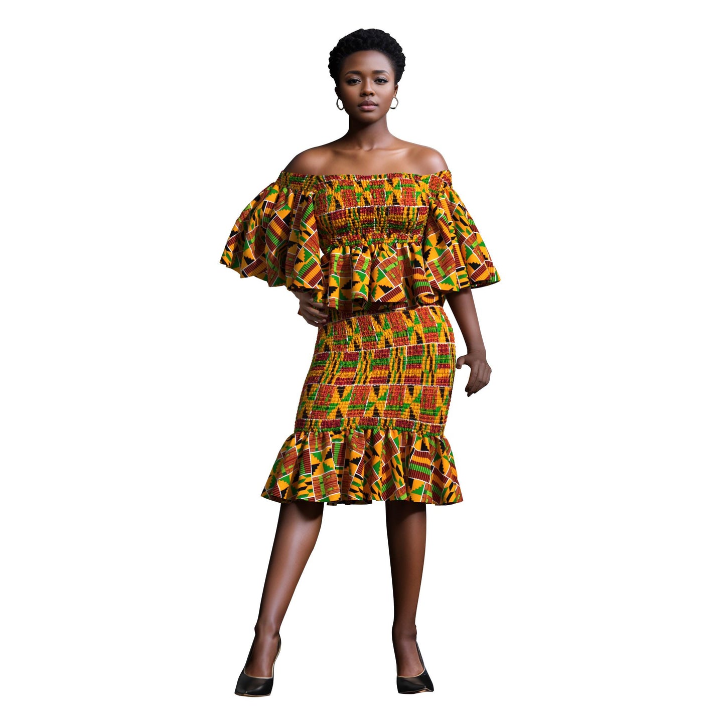 Smocked African Print Two-Piece Outfit with Flounce Sleeves