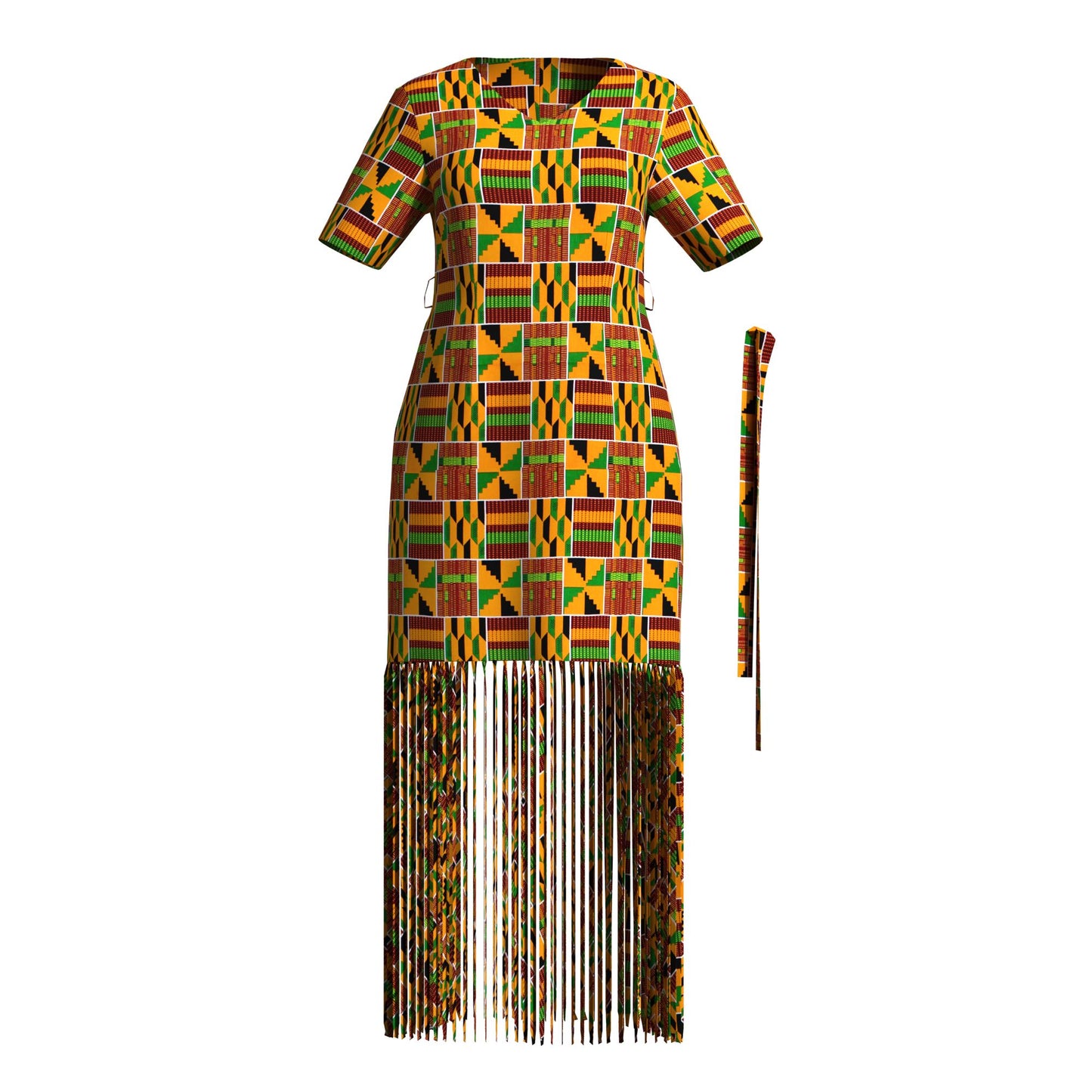 Bold Circular Ankara Print Fringe Hem Dress – Afrocentric Short Sleeve Midi Dress