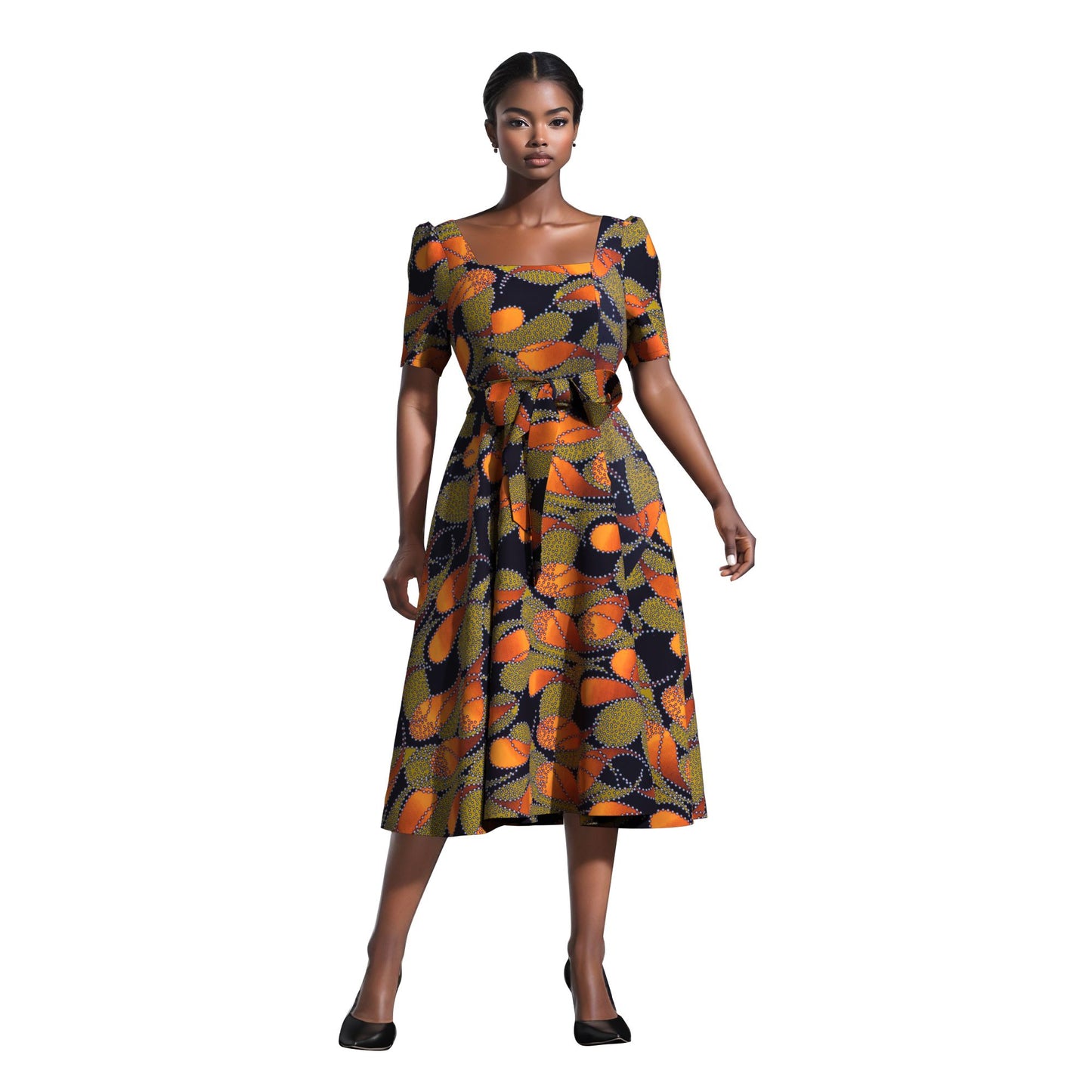 Women's African Print Midi Dress Short Sleeve & Belted Waist A-Line Ankara Fashion Dress