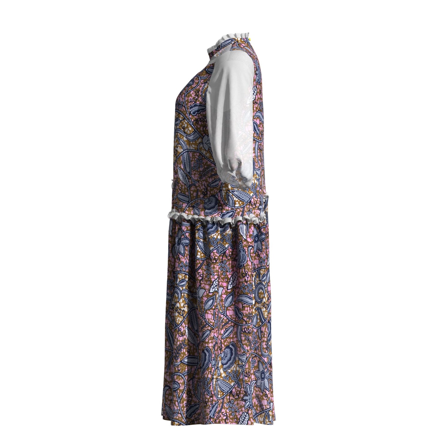 African Fabric Sheer Mesh Ruffle Collar Tiered Swing Midi Dress