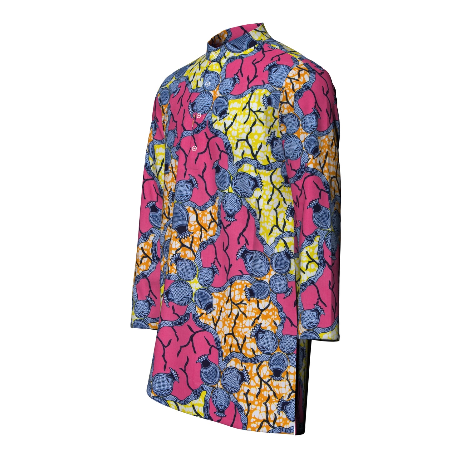 Ankara Print Men’s Mandarin Collar Asymmetric Hem Shirt