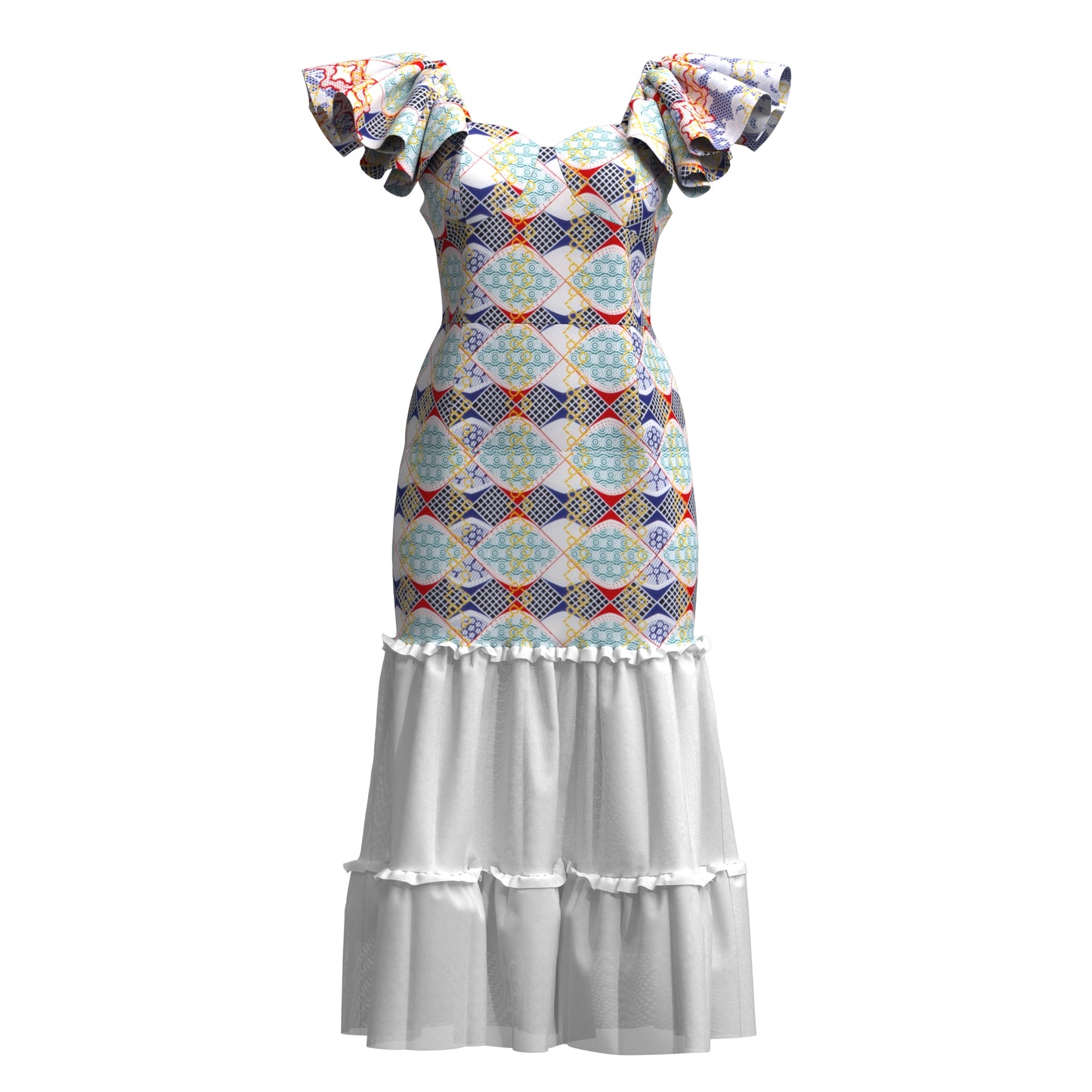 African Ankara Print Ruffle Sleeve Mermaid Dress with Sheer Mesh Hem