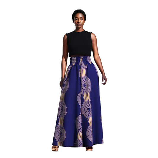 Vintage African Tribal Geometric Print Elastic High Waist Palazzo Pants, Flowy Loose Wide Leg Long Pants Slimming Figure Friendly