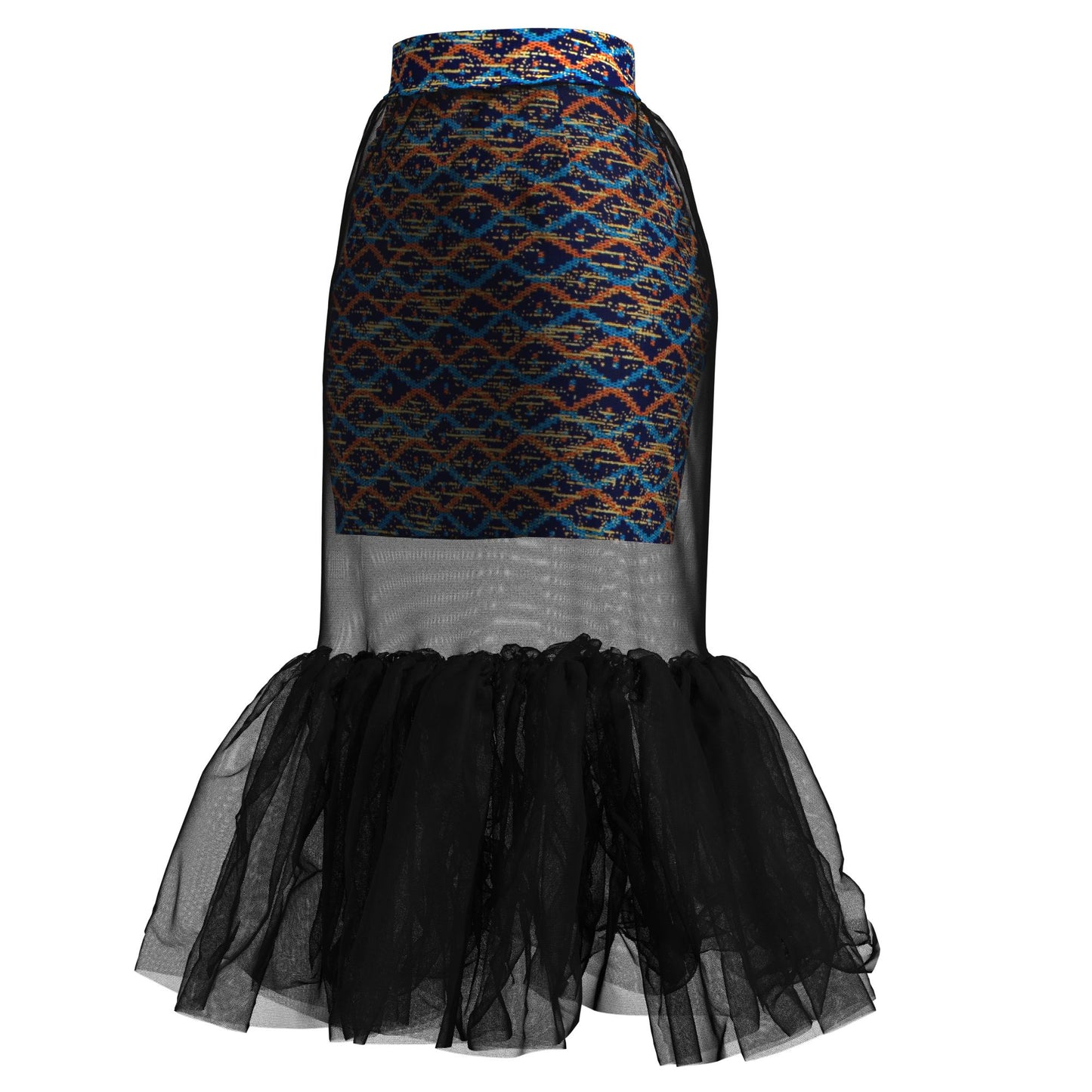 African Print Mesh Overlay Mermaid Midi Skirt