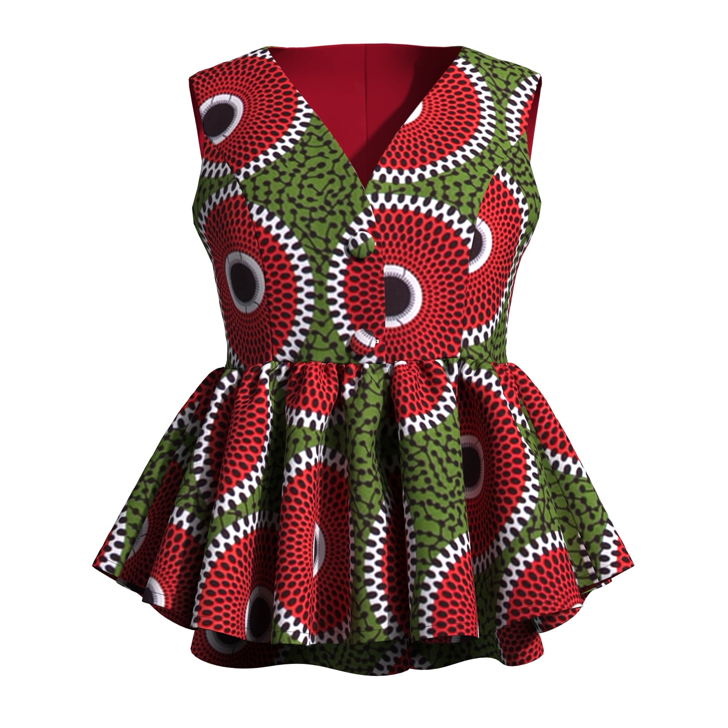 Handmade African Wax Print Sleeveless Peplum Blouse with Ruffle Detail