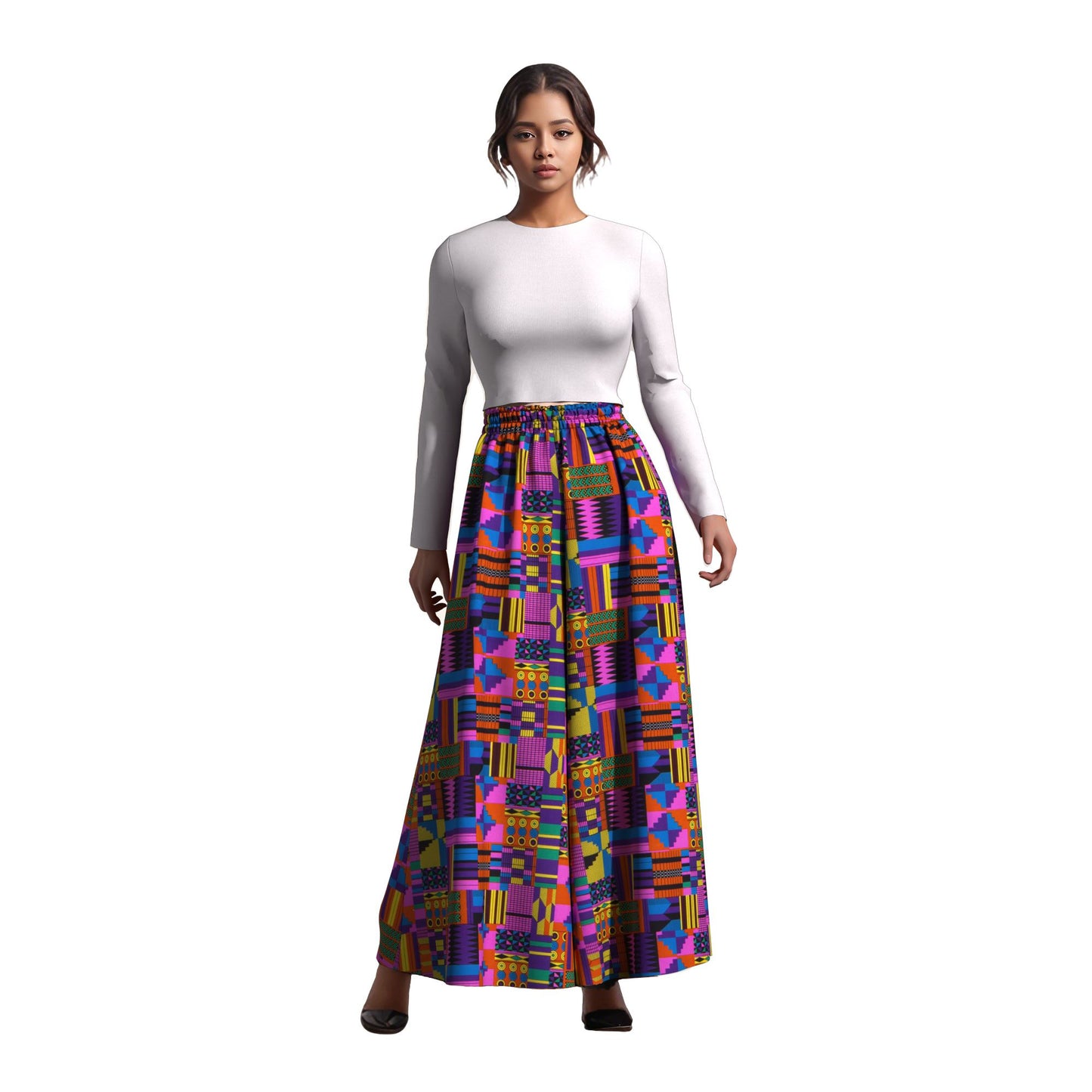 African Print Flowy Palazzo Pants, High Waist Elastic Waist Wide Leg Trousers