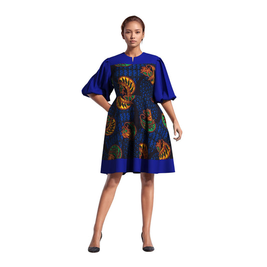 High Waist African Ankara Print Color Block Dress