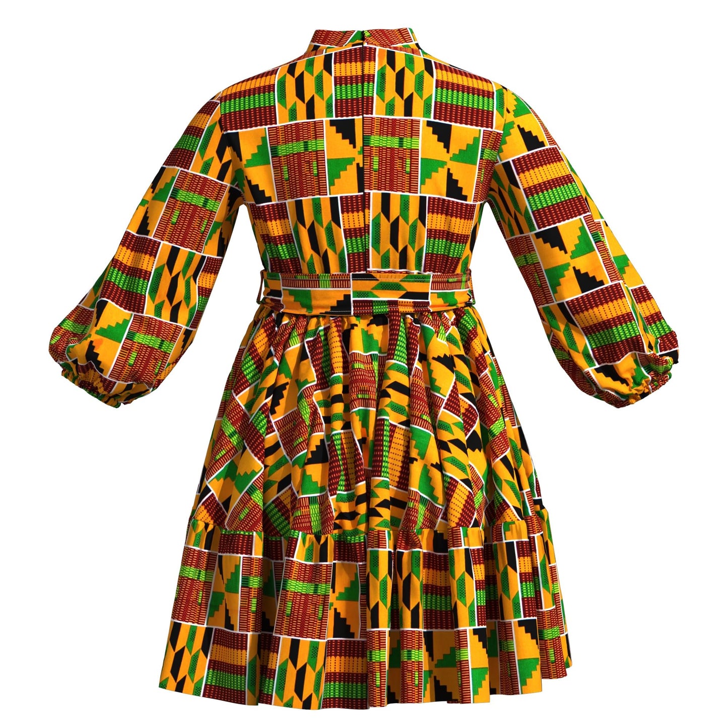African Print Versatile Belted Stand Collar Casual Dress