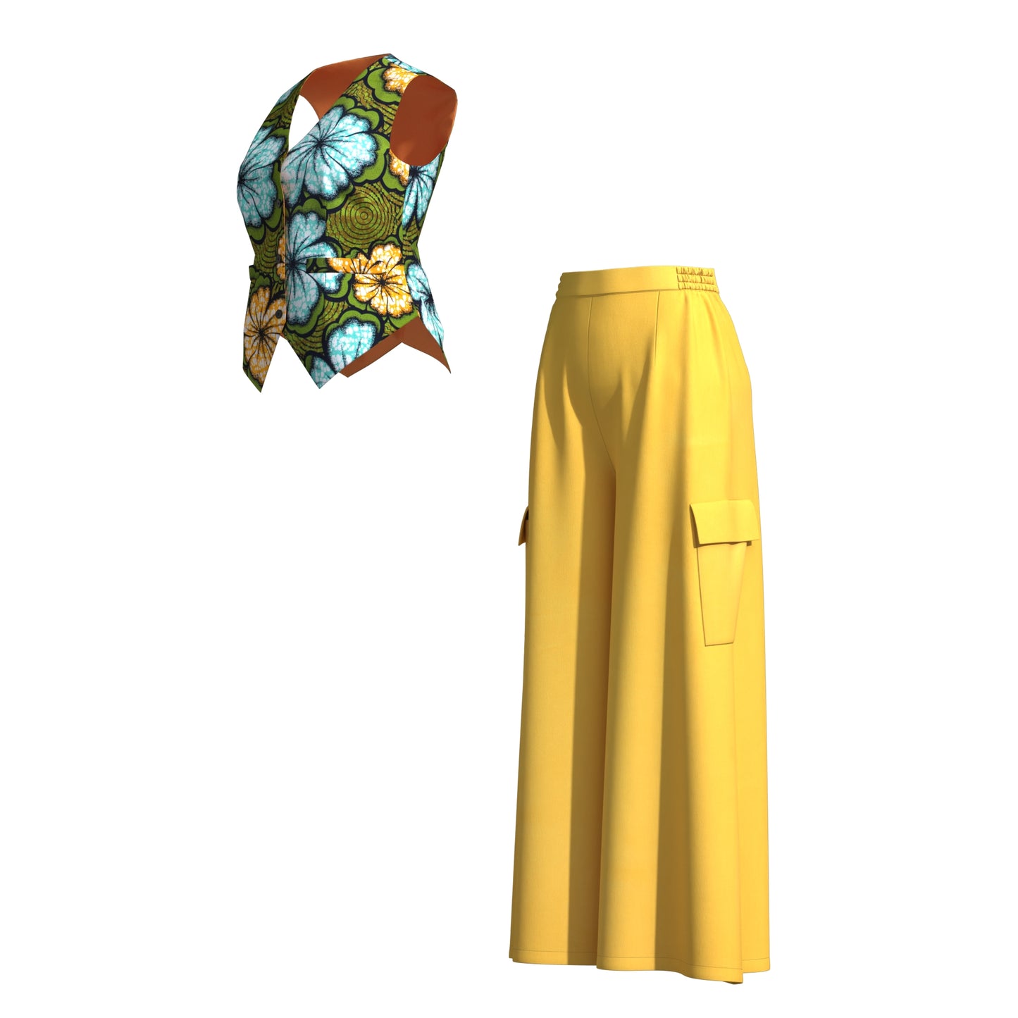 Ankara Print V-Neck Vest and Cargo Pocket Wide Leg Pants Set