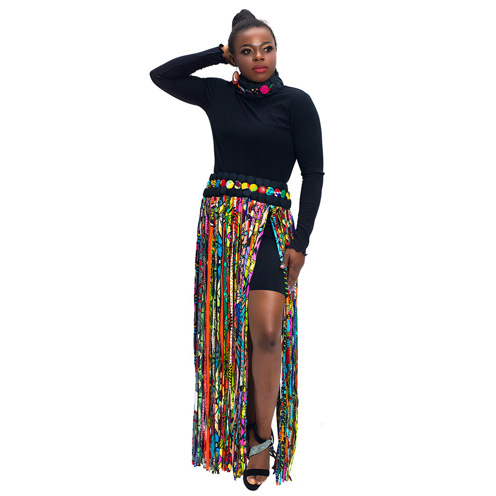 2-in-1 African Wax Print Fringe Tassel Wrap Skirt & Collar