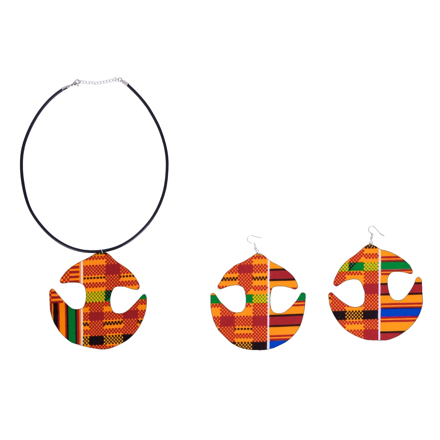 Women African Ethnic Print Cutout Pendant Necklace & Matching Drop Earring Jewelry Set Fashion Accessories