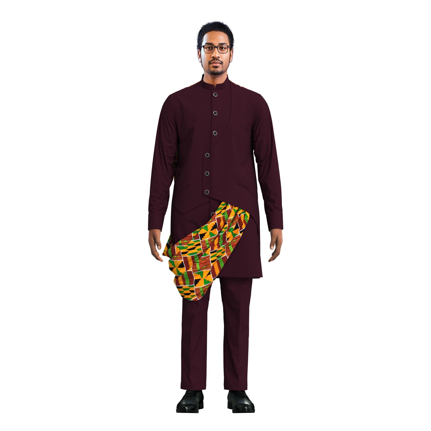 Stylish Men Matching Trousers Outfit, Suit Fabric Top with African Printed Drape Detail