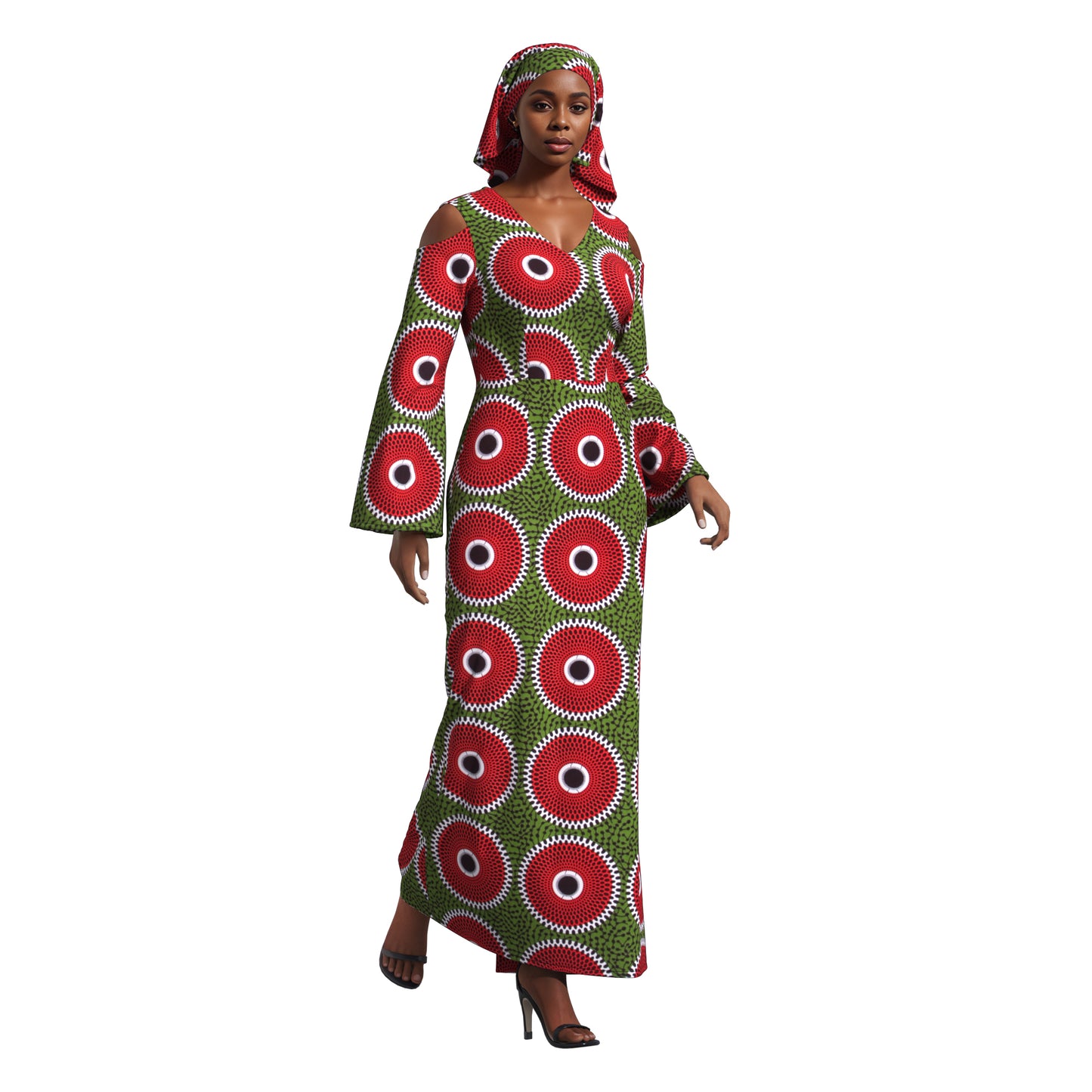 African Print High Waist Pleated Cold Shoulder Party Dress