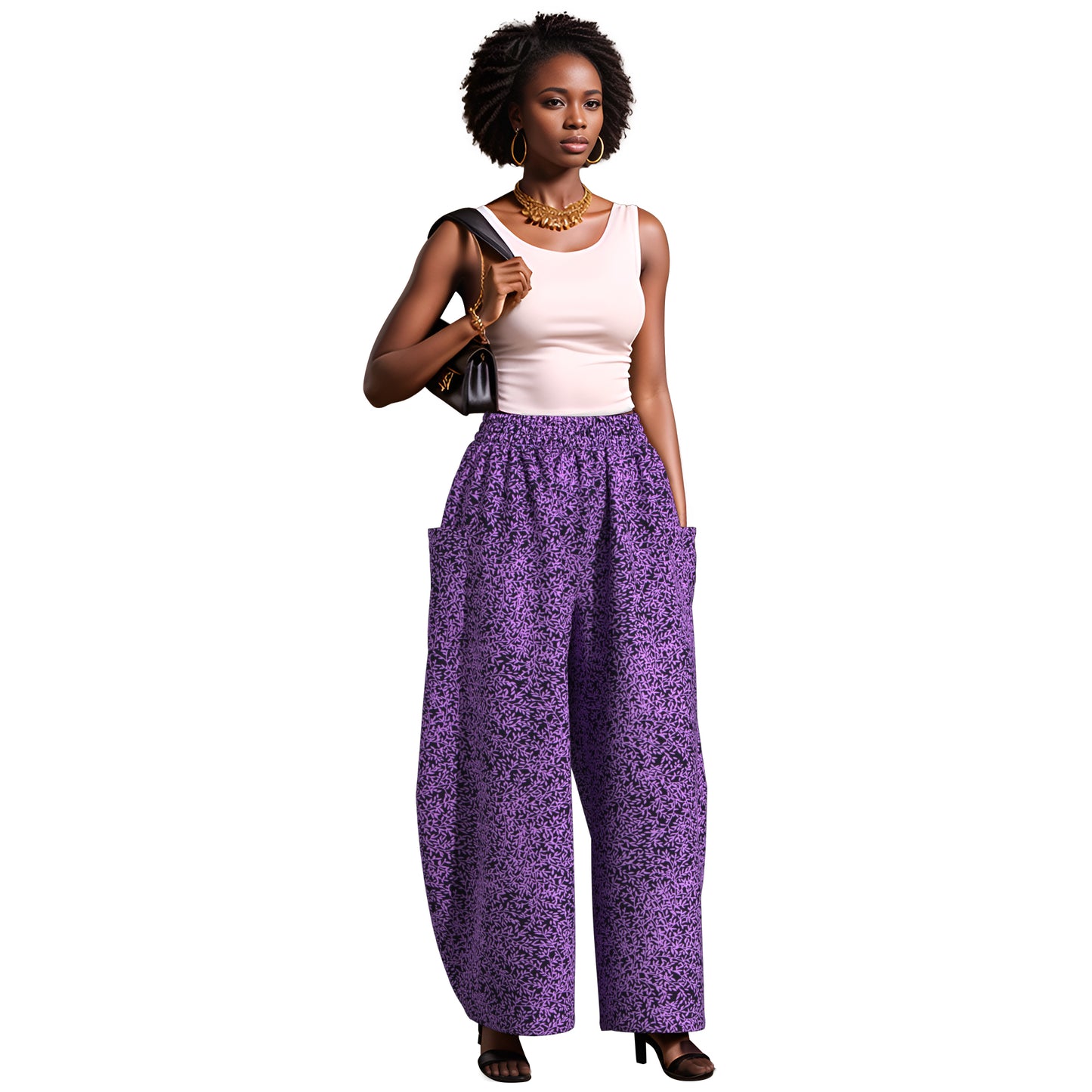 Artistic Abstract Circle Print High-Waist Balloon Pants – Vibrant Afrocentric Wide-Leg Trousers with Pockets