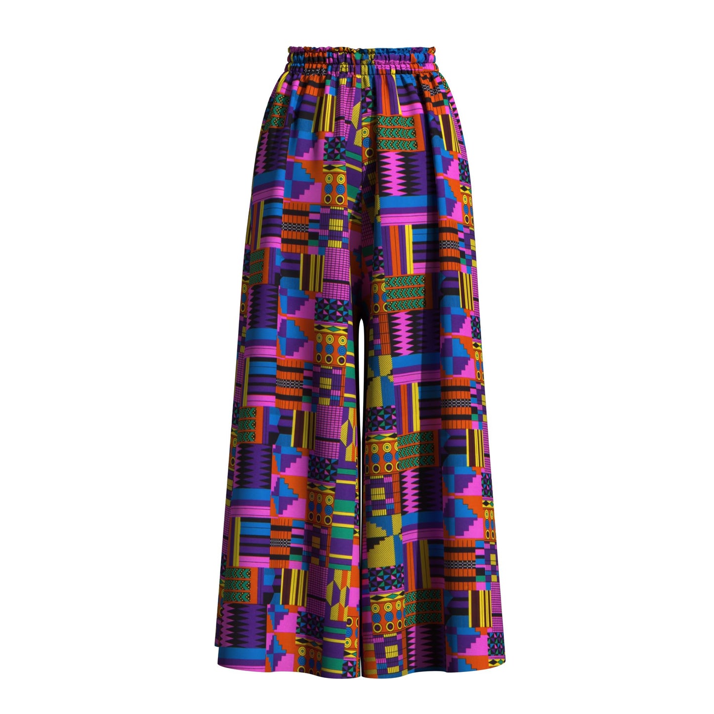 African Print Flowy Palazzo Pants, High Waist Elastic Waist Wide Leg Trousers