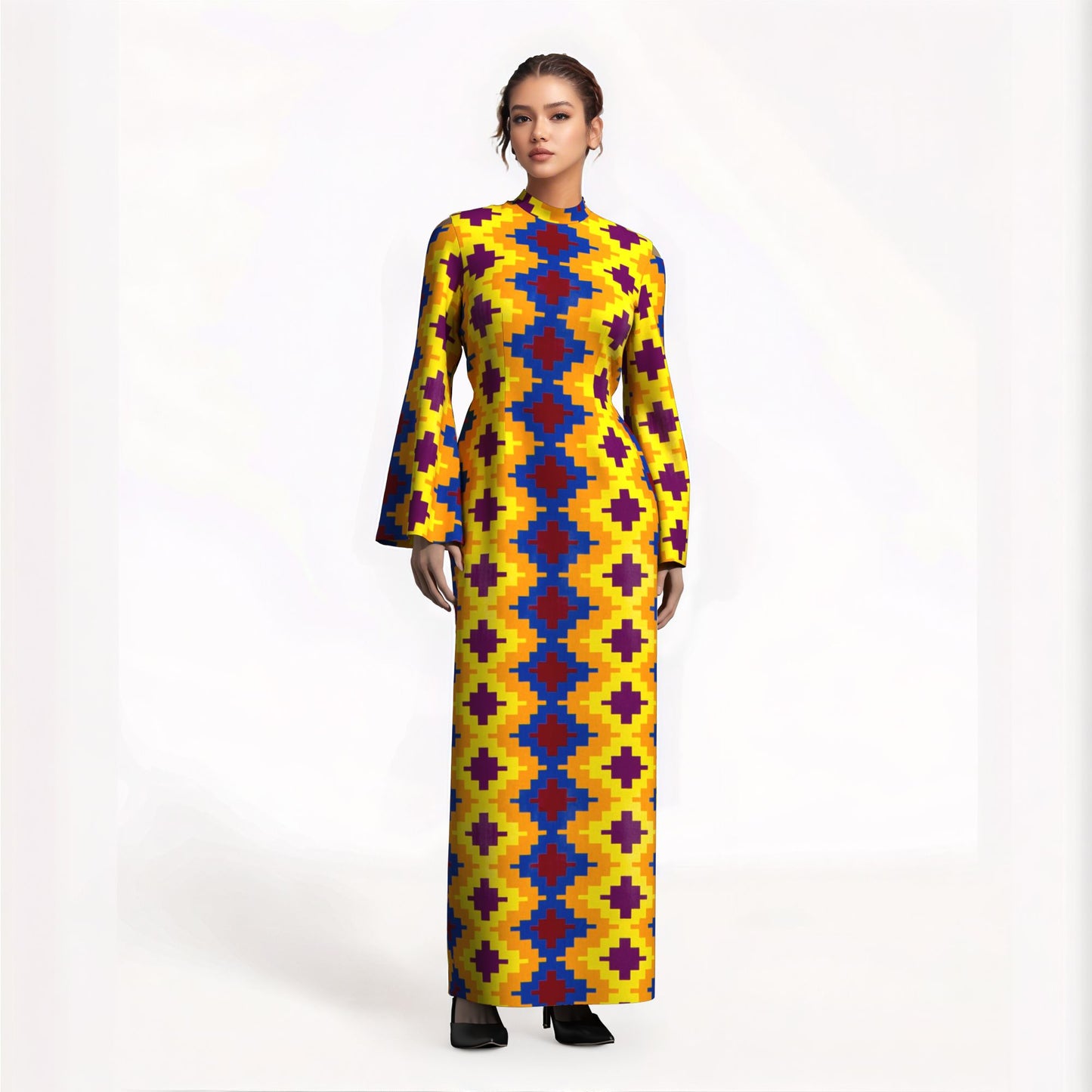 Ladies Kente Geometric Wax Print Long Dress High Neck Bell Sleeve Slim African Party Gown