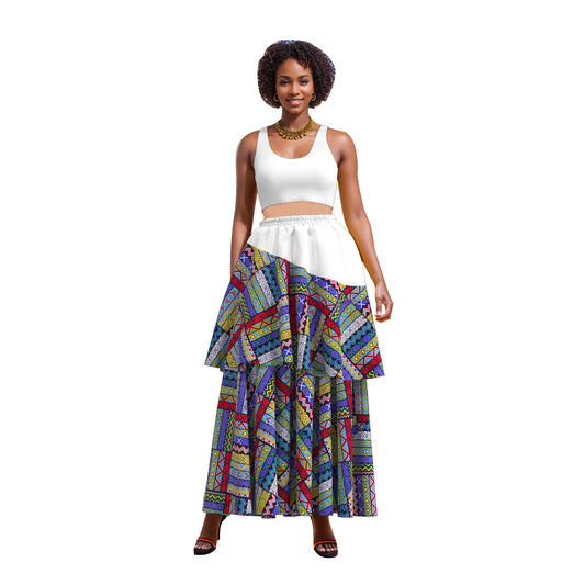 African Print Color Block Tiered Maxi Skirt