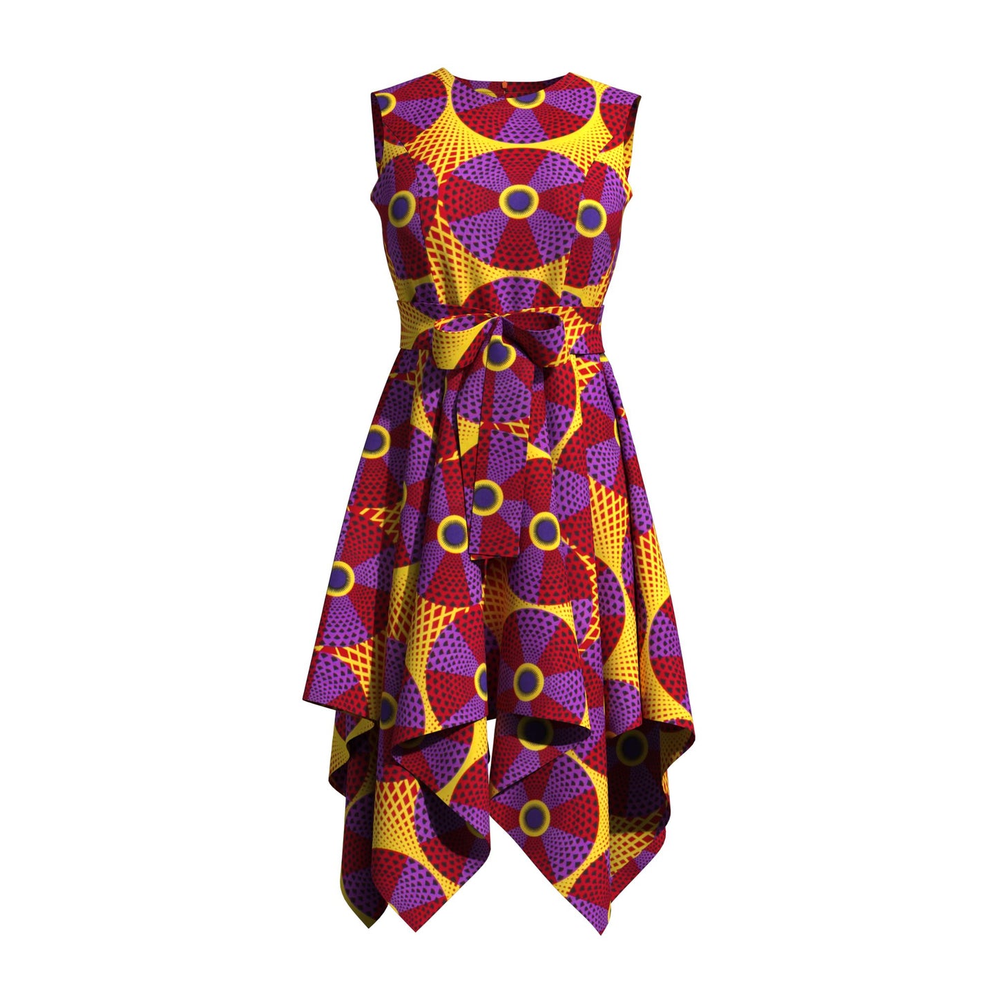 Sleeveless African Print Fit-and-Flare Dress with Asymmetrical Hem